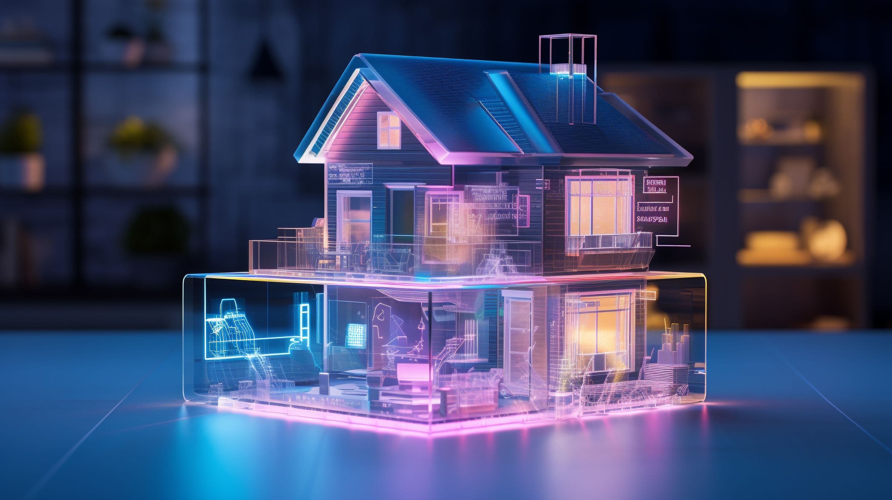 small hologram of a modern house, smart home concept